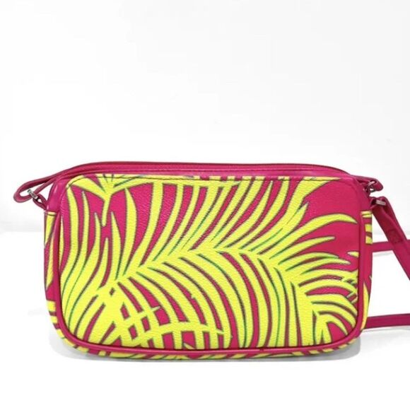 EUC Vera Bradley Pink & Neon Green Palm Fronds Faux Leather Small Crossbody Bag - Picture 7 of 8